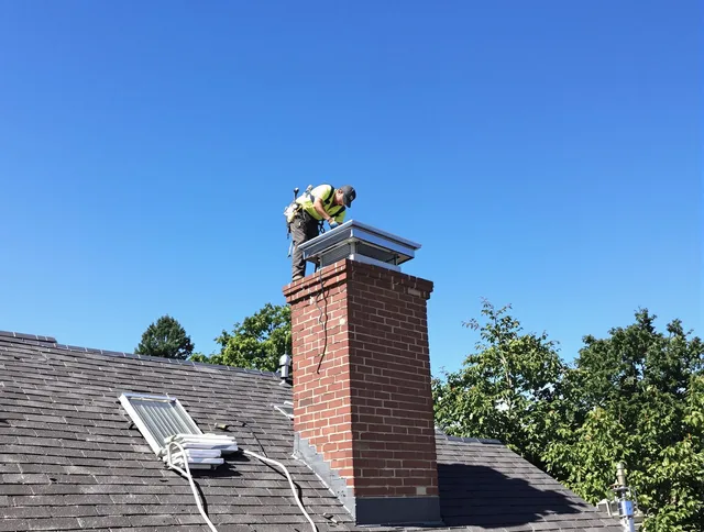 Stow Chimney Sweep technician measuring a chimney cap in Stow, OH