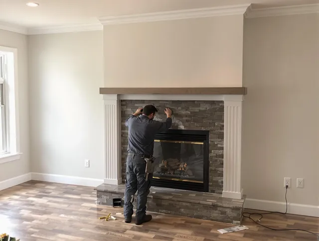Stow Chimney Sweep finishing a custom fireplace install in Stow, OH